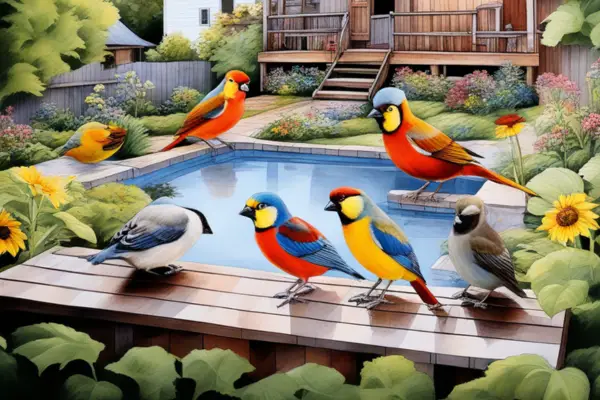 backyard birdes sitting in at corner swimming pools