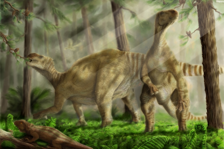 Iguanodon are standing in forest near tress